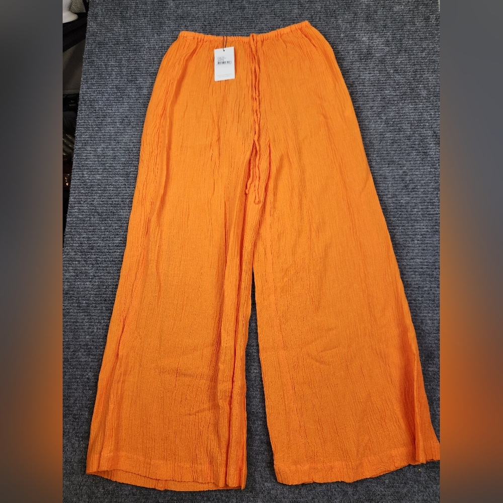 FAITHFULL THE BRAND Rupina Crinkle Linen Wide Leg Pants US 6 Med Tangerine NWT